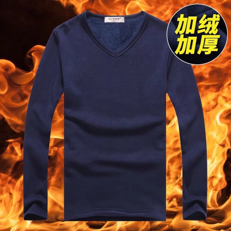 Mens Thickened Fleece Lined V-Neck T-Shirt Navy blue v-neck 