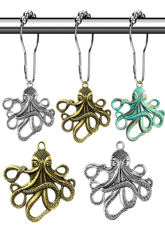 Aimoye Octopus Decorative Shower Curtain Hooks Rust Proof, Brushed Nickel Shower Curtain Rings Accessories Set, Ocean Beach Sea Nautical Theme Bathroom Decor (Colorful, 12PCS) - Image 1