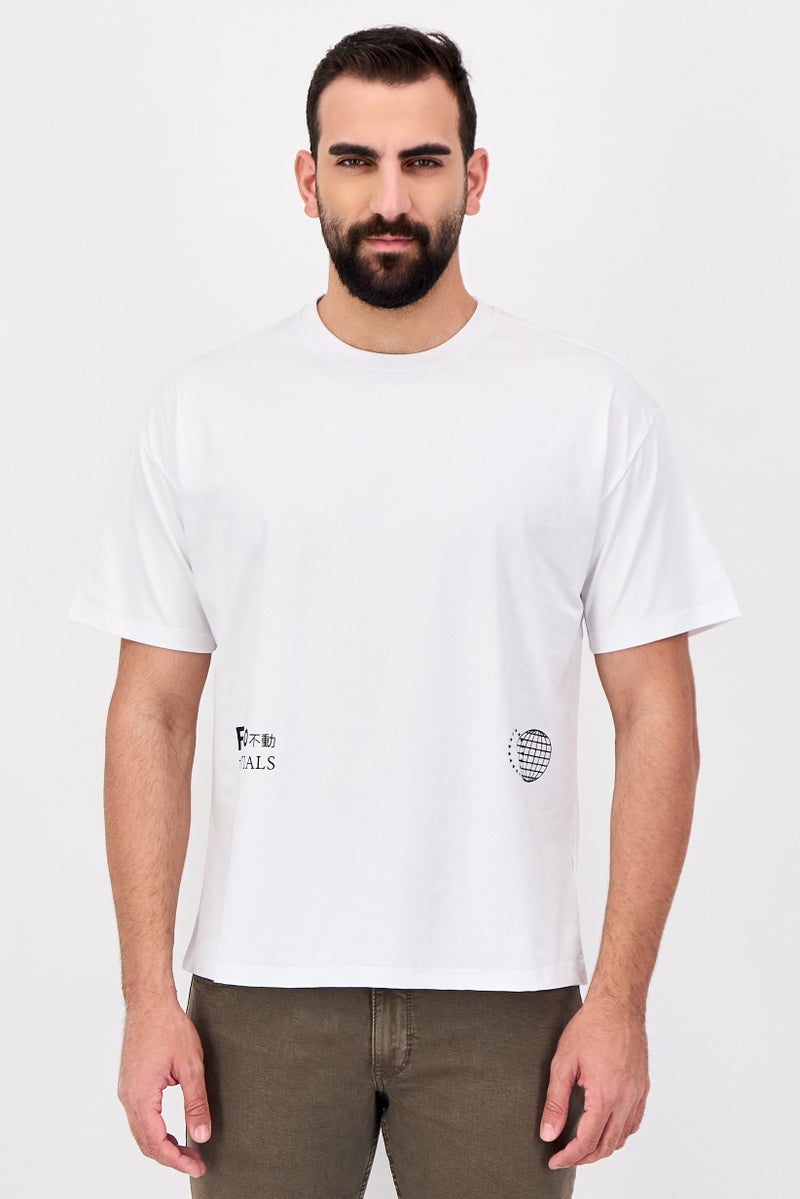 Fudo Men Crew Neck Short Sleeve Brand Logo T-Shirt, White - Image 1