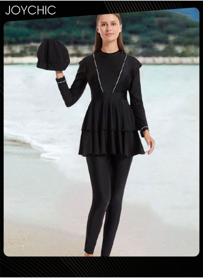 Joychic - 3-piece Muslim Women Conservative Swimwear Set Long Sleeve Round  Neck Comfortable and Sun Protection Beach Wear Summer Lightweight Swimsuit Black - Image 1