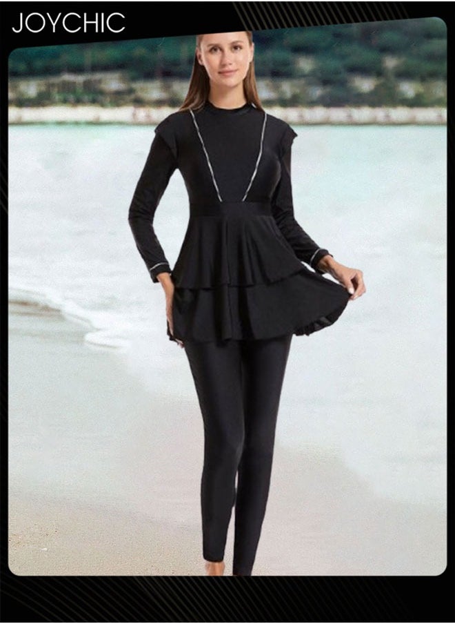 Joychic - 3-piece Muslim Women Conservative Swimwear Set Long Sleeve Round  Neck Comfortable and Sun Protection Beach Wear Summer Lightweight Swimsuit Black - Image 1