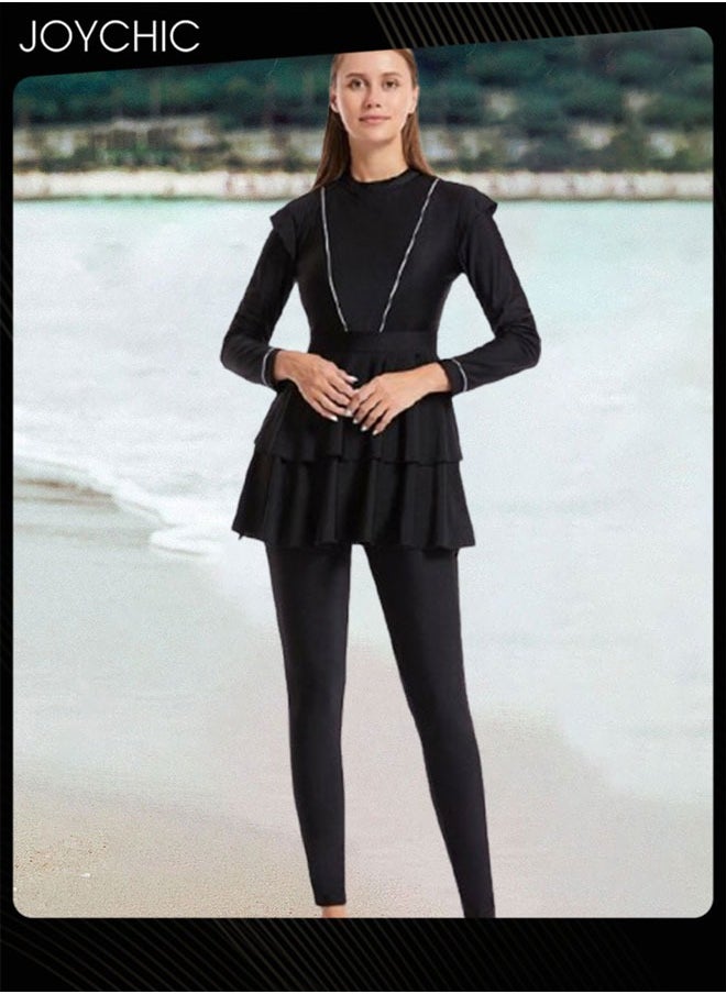 Joychic - 3-piece Muslim Women Conservative Swimwear Set Long Sleeve Round  Neck Comfortable and Sun Protection Beach Wear Summer Lightweight Swimsuit Black - Image 1