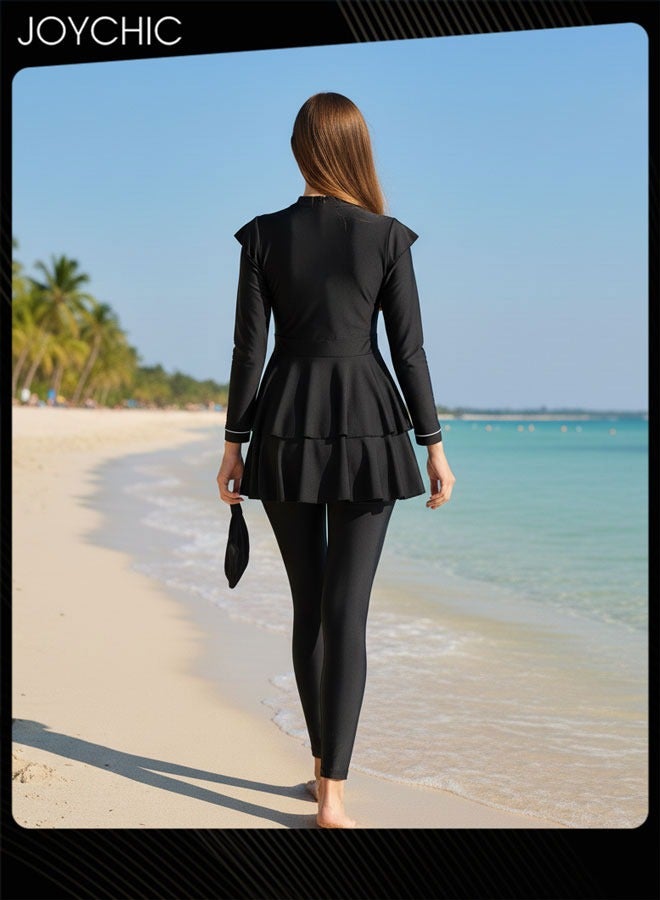 Joychic طقم ملابس سباحة للنساء المسلمات مكون من 3 قطع بأكمام طويلة ورقبة دائرية مريحة وحماية من الشمس ملابس شاطئ صيفية خفيفة الوزن باللون الأسود - Image 3