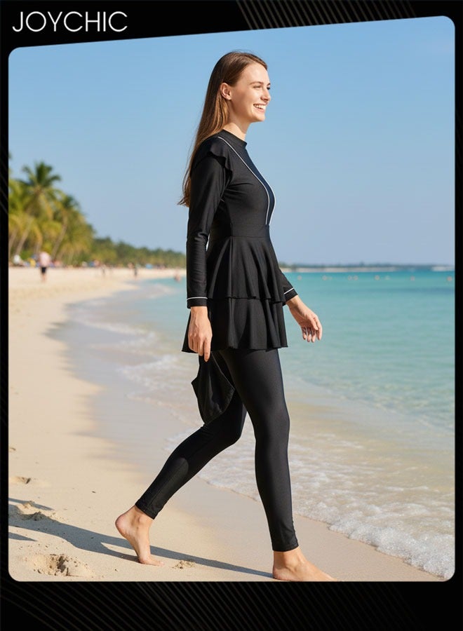 Joychic طقم ملابس سباحة للنساء المسلمات مكون من 3 قطع بأكمام طويلة ورقبة دائرية مريحة وحماية من الشمس ملابس شاطئ صيفية خفيفة الوزن باللون الأسود - Image 2