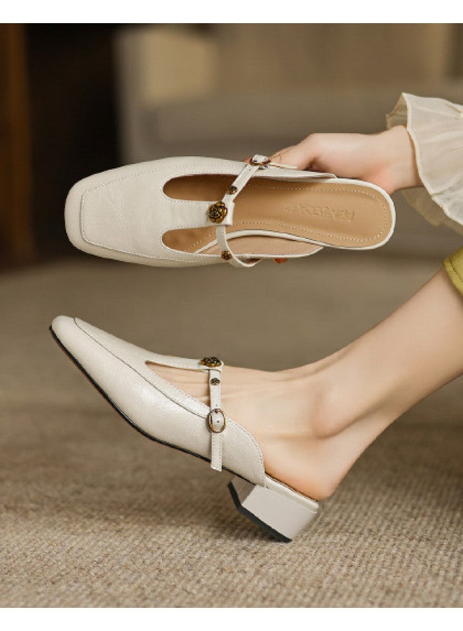 AME Retro T-strap Mule Shoes 2025 New Versatile Classic Camellia Slippers For Women, Summer Outdoor Wear - Image 1