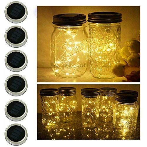 6 Pack Mason Jar Lights 10 LED Solar Warm White Fairy String Lights Lids Insert for Garden Deck Patio Party Wedding Christmas Decorative Lighting Fit for Regular Mouth Jars