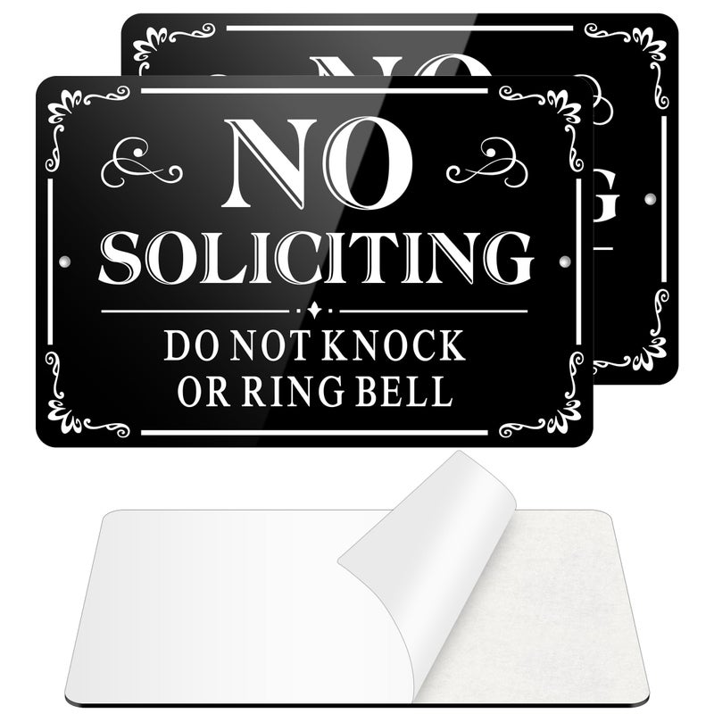 MongFun No Soliciting Sign for Front Door, (2 Pack) Self-adhesive No Soliciting Sign for House, 9 x 6 inches Aluminum Metal Signs for Yard (Black/White, Large 9 x 6 inches) - Image 1
