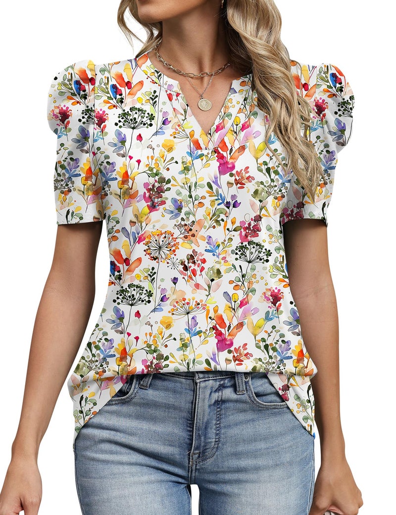 LOMON Womens Casual Tops Blouses for Women Business Casual Puff Short Sleeve Shirts Plus Size Top Boho Tops Floral XXL - Image 2