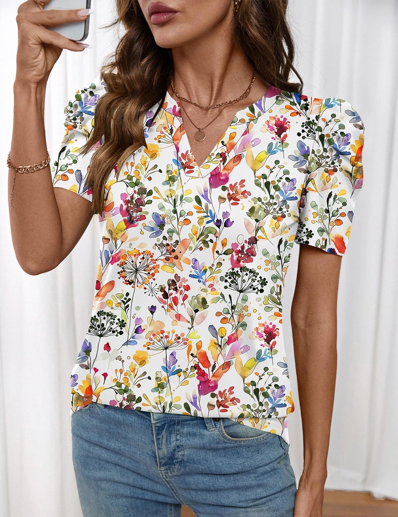 LOMON Womens Casual Tops Blouses for Women Business Casual Puff Short Sleeve Shirts Plus Size Top Boho Tops Floral XXL - Image 3