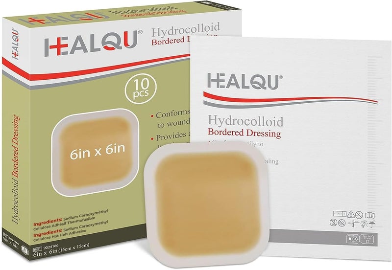 ضمادة هيدروكوليد Healqu - 6x6" علبة من 10 ضمادات كبيرة - لاصقات هيدروكوليد معقمة ذات حدود لعلاج قرح الفراش، الخدوش، وأكثر - مقاومة للماء وامتصاصية مع حماية