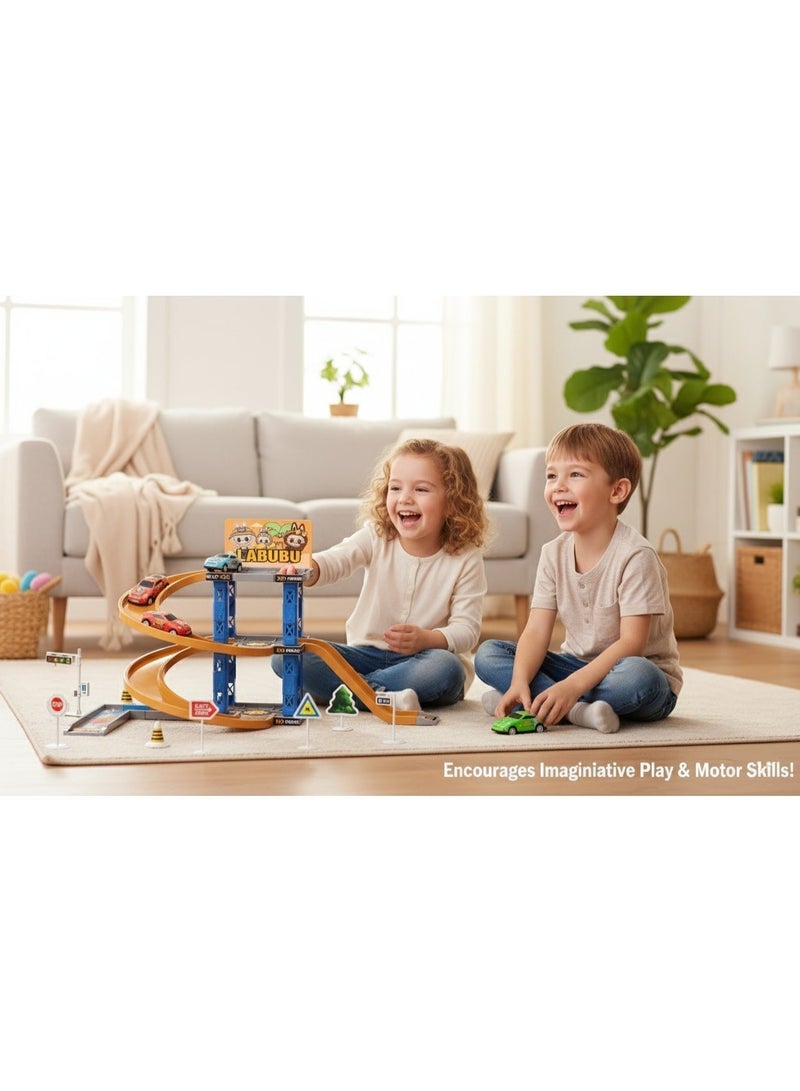 Toys R Us LABUBU DIY Parking Lot Toy Set 45 PCS – Multi-Level Tracks, 6 Cars, Road Signs & Ramps | Creative Building Playset for Kids 3+ - Image 4