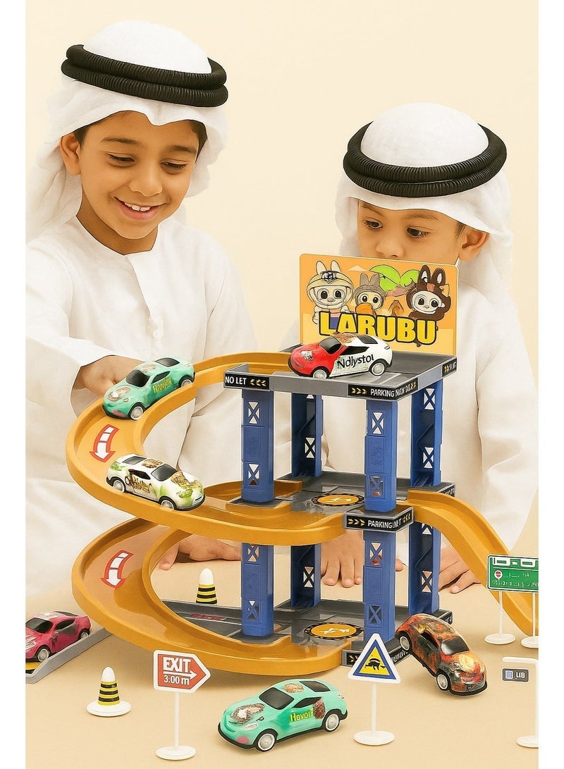 Toys R Us LABUBU DIY Parking Lot Toy Set 45 PCS – Multi-Level Tracks, 6 Cars, Road Signs & Ramps | Creative Building Playset for Kids 3+ - Image 2