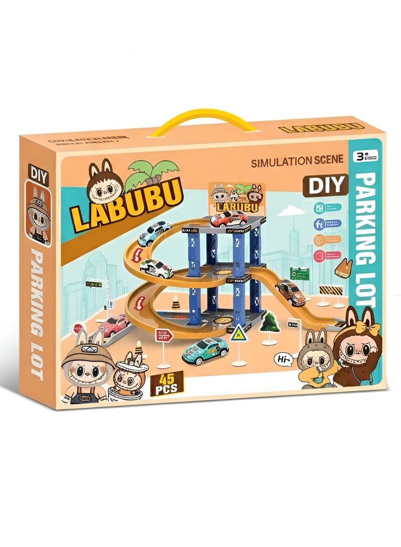 Toys R Us LABUBU DIY Parking Lot Toy Set 45 PCS – Multi-Level Tracks, 6 Cars, Road Signs & Ramps | Creative Building Playset for Kids 3+ - Image 1