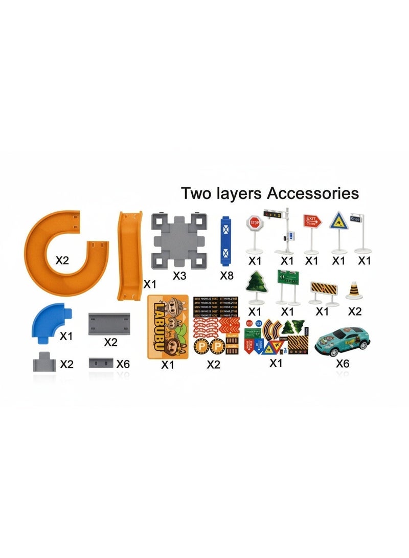 Toys R Us LABUBU DIY Parking Lot Toy Set 45 PCS – Multi-Level Tracks, 6 Cars, Road Signs & Ramps | Creative Building Playset for Kids 3+ - Image 5