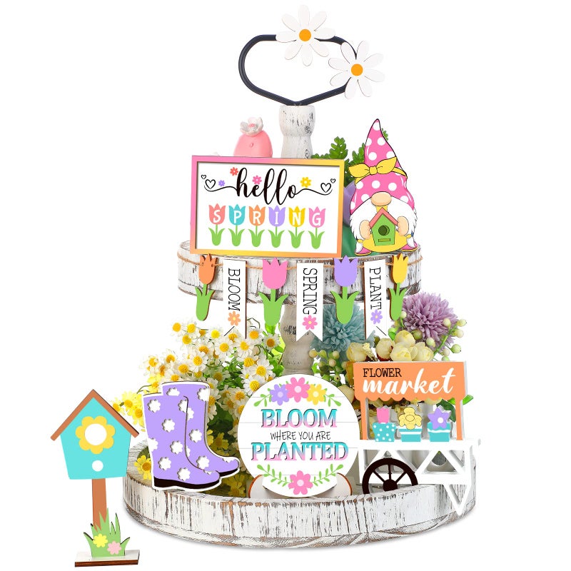 Jetec 12 Pcs Spring Tiered Tray Decor Wooden Gnomes Flowers Plants Tabletop Trays Signs Summer Fall Tiered Tray Items for Home Farmhouse Rustic Kitchen Decorations Spring - Image 2