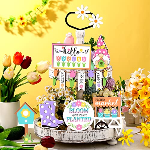 Jetec 12 Pcs Spring Tiered Tray Decor Wooden Gnomes Flowers Plants Tabletop Trays Signs Summer Fall Tiered Tray Items for Home Farmhouse Rustic Kitchen Decorations Spring - Image 3
