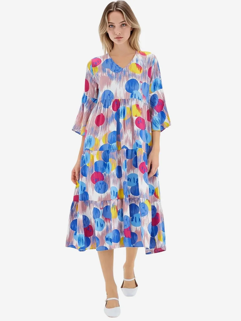 بيغ دارت فستان ميدي بياقة على شكل حرف  وأكمام قصيرة بنقوش