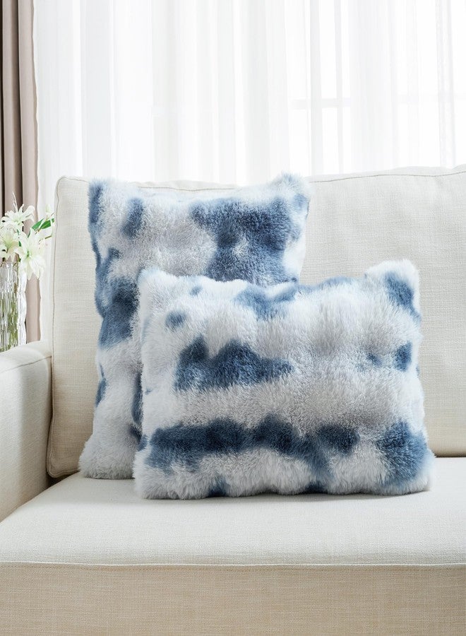 FUTEI Blue White Decorative Throw Pillow Covers 18x18 Inch Set of 2,Soft Fuzzy Faux Rabbit Fur Cushion Covers with Raised Texture,Neutral Boho Home Decor for Couch Bed Living Room - Image 5