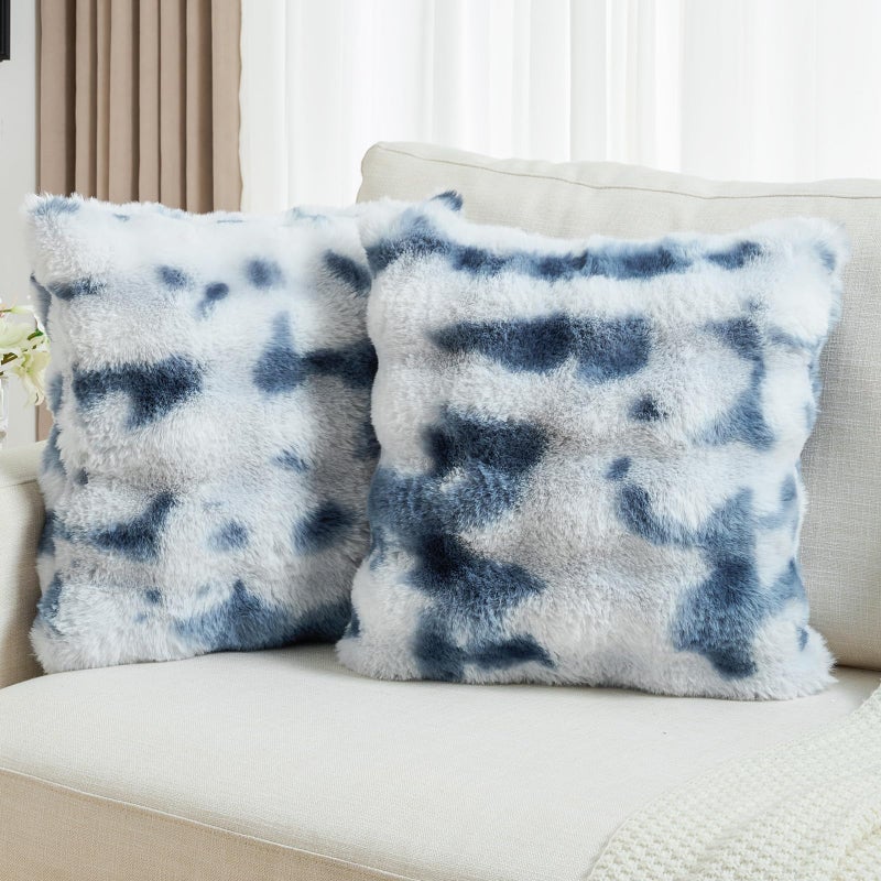 FUTEI Blue White Decorative Throw Pillow Covers 18x18 Inch Set of 2,Soft Fuzzy Faux Rabbit Fur Cushion Covers with Raised Texture,Neutral Boho Home Decor for Couch Bed Living Room - Image 1
