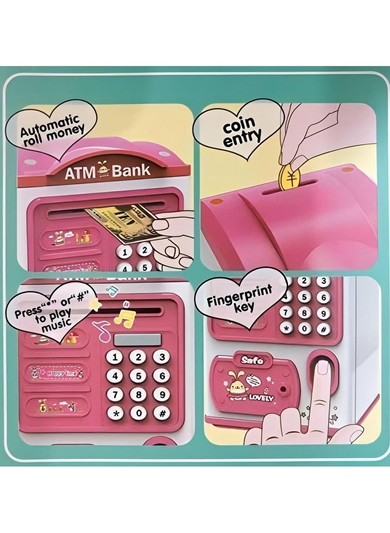 Rokis Electronic Piggy Bank - Mini ATM with Fingerprint u0026 Password Money Bank Cash Coins Saving Box for Kids, Automatic Paper Money Scroll Saving Box, Perfect Toy Gifts for Boys Girls (Pink) - Image 4
