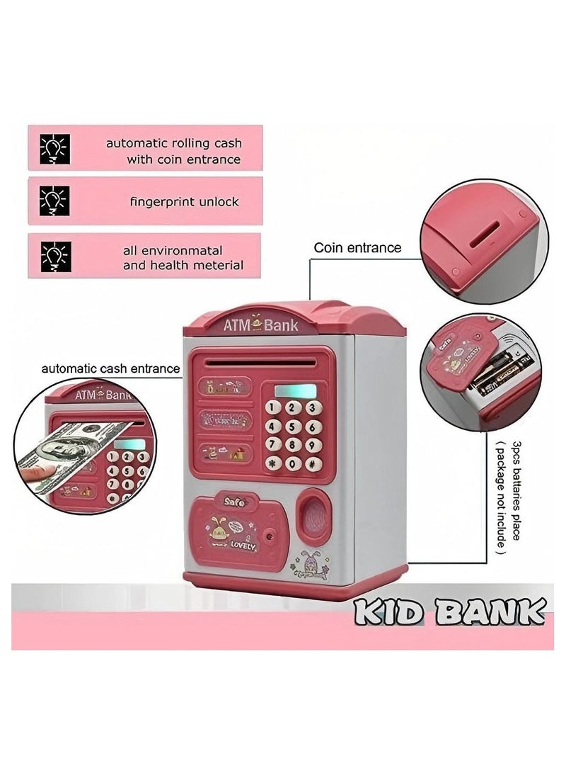 Rokis Electronic Piggy Bank - Mini ATM with Fingerprint u0026 Password Money Bank Cash Coins Saving Box for Kids, Automatic Paper Money Scroll Saving Box, Perfect Toy Gifts for Boys Girls (Pink) - Image 2