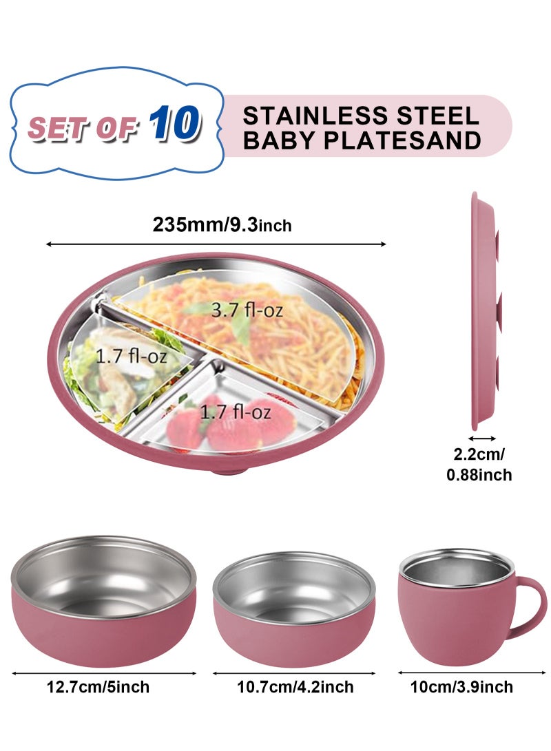 HomarKet 10 Pcs 304 Stainless Steel Kids Plates and Bowls Set Stainless Steel Suction Bowls and Toddler Cup with Removable Silicone, Forks Spoons Pocket Bib for Baby Toddle(Pink)  - Image 2