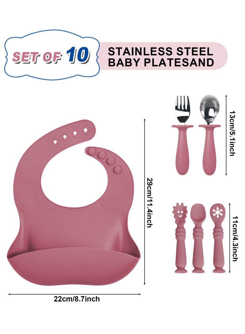 HomarKet 10 Pcs 304 Stainless Steel Kids Plates and Bowls Set Stainless Steel Suction Bowls and Toddler Cup with Removable Silicone, Forks Spoons Pocket Bib for Baby Toddle(Pink)  - Image 3