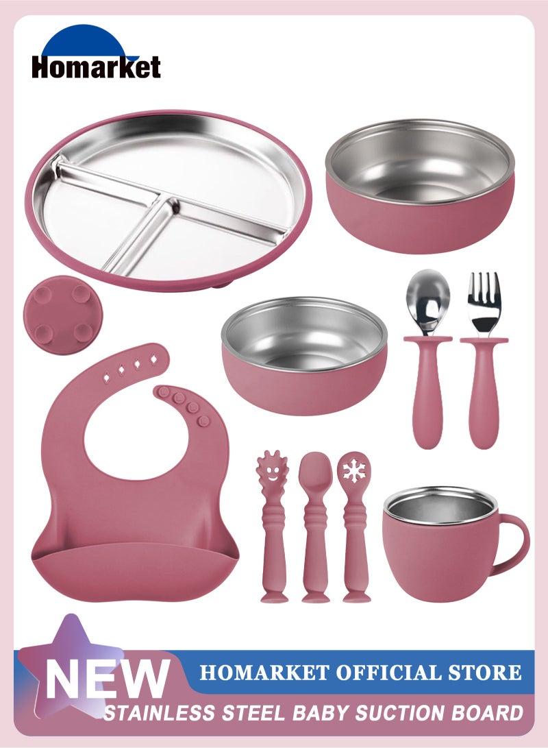 HomarKet 10 Pcs 304 Stainless Steel Kids Plates and Bowls Set Stainless Steel Suction Bowls and Toddler Cup with Removable Silicone, Forks Spoons Pocket Bib for Baby Toddle(Pink)  - Image 1