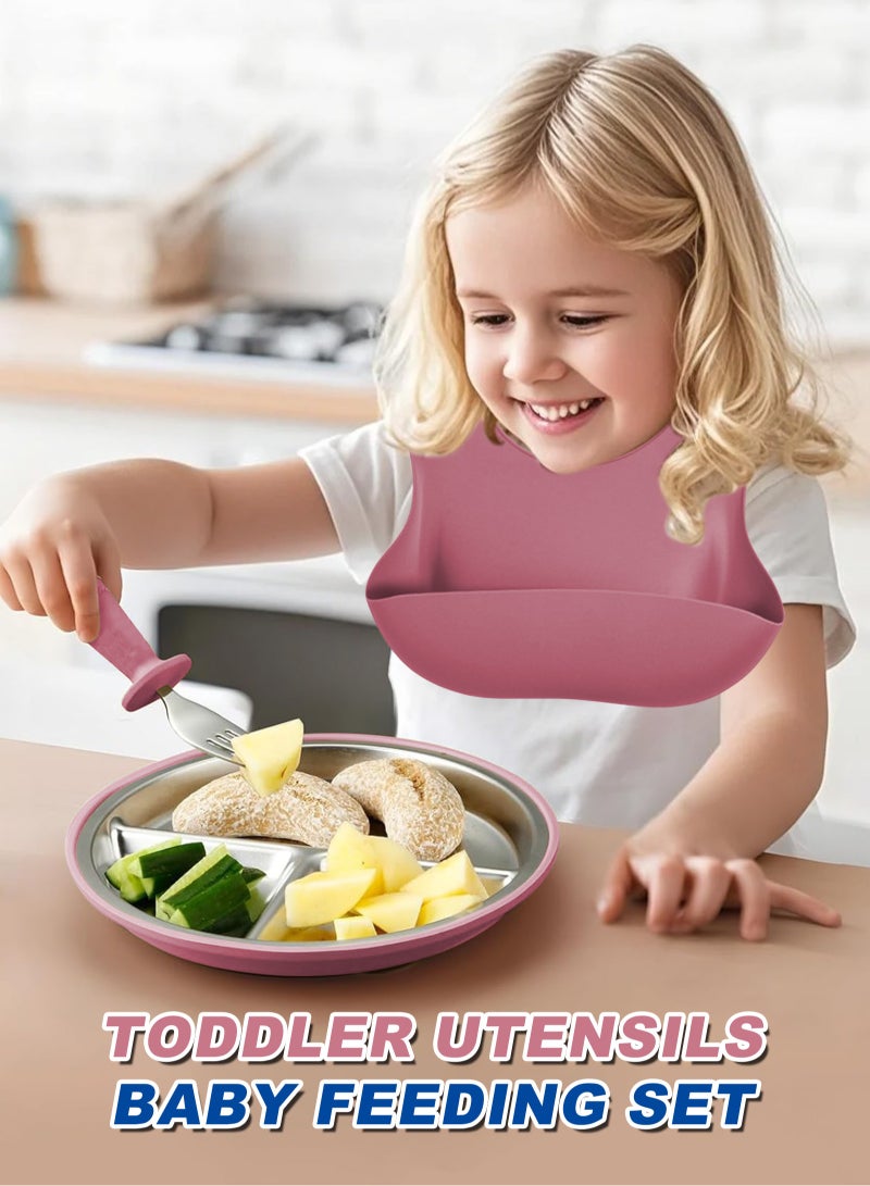 HomarKet 10 Pcs 304 Stainless Steel Kids Plates and Bowls Set Stainless Steel Suction Bowls and Toddler Cup with Removable Silicone, Forks Spoons Pocket Bib for Baby Toddle(Pink)  - Image 5