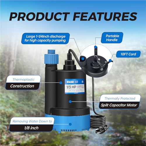 BTAEGH 1/3 HP Submersible Water Pump 2400GPH Small Sump Pump Thermoplastic Electric Portable Transfer Utility Pump Clean for Swimming Pool Basement Garden Pond - Image 3