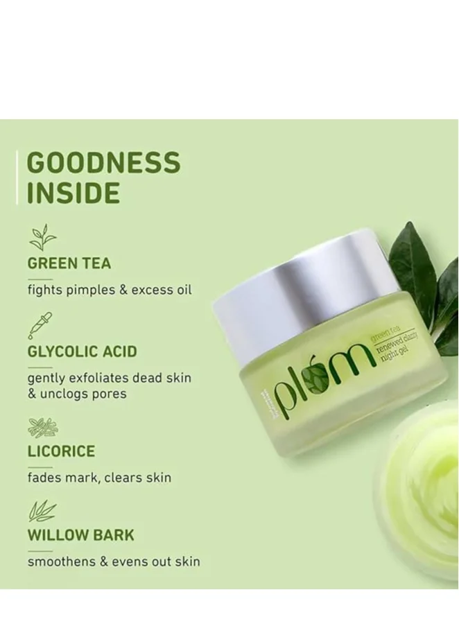 Plum  Plum Green Tea Night Face Gel Renewed Clarity Night Face Cream for Oily Normal Acne Prone Combination Skin Night Cream for Women Overnight Repair 100% Vegan Paraben Free, 50ml for Women | Best Price UAE