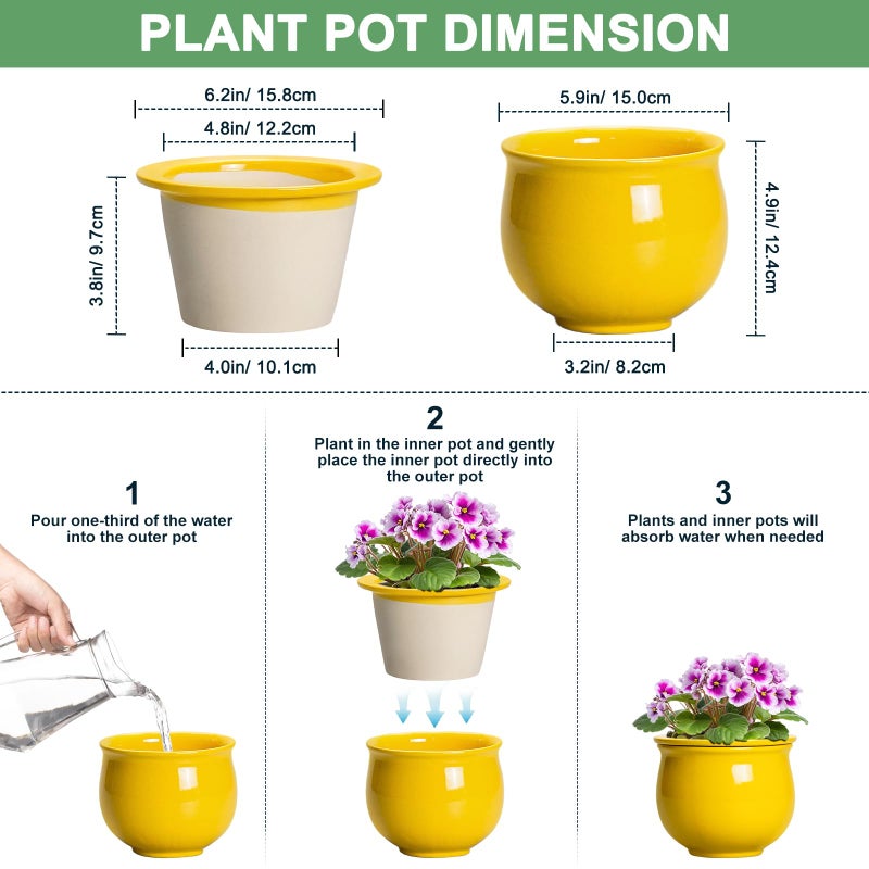 Teagas Ceramic Self Watering Planters, 6 Inch African Violet Pots for Indoor Outdoor Plants, Ceramic Plant Pot with Absorbent Inner Pot, Round Flower Pots, Living Room Decor, Gifts for Women, Yellow - Image 2