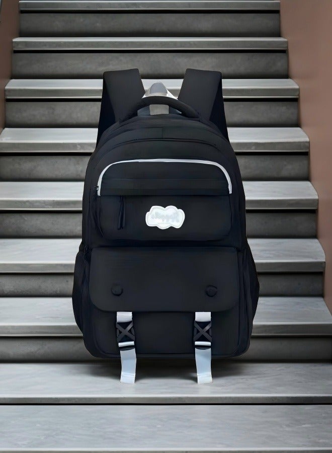 Beautiful Classic black children's backpack, adjustable shoulder strap backpack, minimalist aesthetic student backpack, multi-pocket backpack, lightweight backpack, ergonomic backpack, fashionable student backpack.  - Image 1