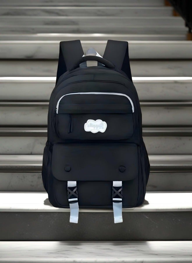 Beautiful Classic black children's backpack, adjustable shoulder strap backpack, minimalist aesthetic student backpack, multi-pocket backpack, lightweight backpack, ergonomic backpack, fashionable student backpack.  - Image 2