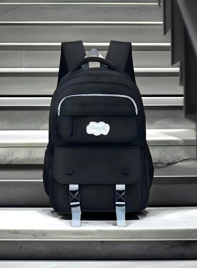 Beautiful Classic black children's backpack, adjustable shoulder strap backpack, minimalist aesthetic student backpack, multi-pocket backpack, lightweight backpack, ergonomic backpack, fashionable student backpack.  - Image 3