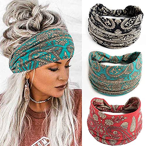 Aceorna Boho Bandeau Headbands Wide Knot Hair Band Stretch Turban Head Wraps Fashion Hair Accessories for Women 3 Pcs (Ornate) - Image 1