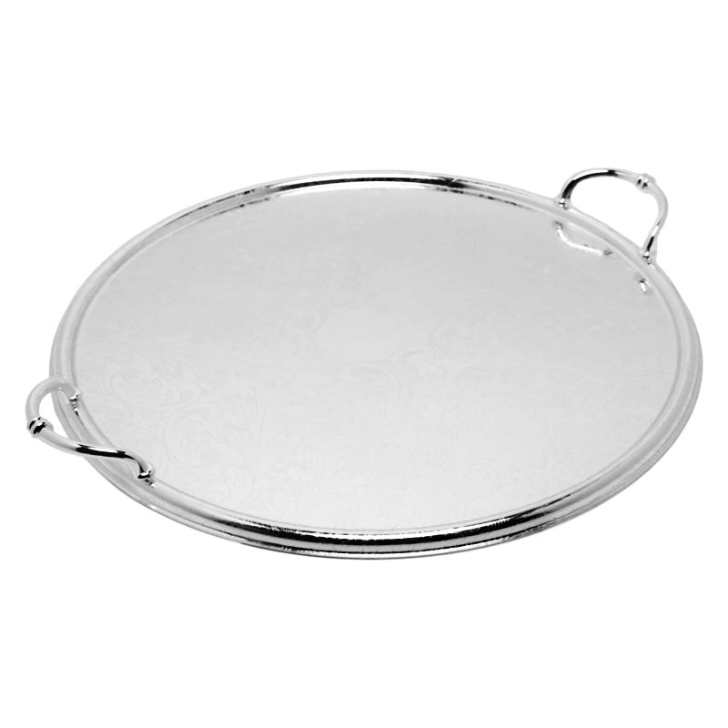 Soleter Large Iron Serving Tray Silver - Round Metal Tray with Dual Handles & Engraved Floral Pattern, Premium Home Decor for Entertaining, Weddings & Special Occasions - Image 3