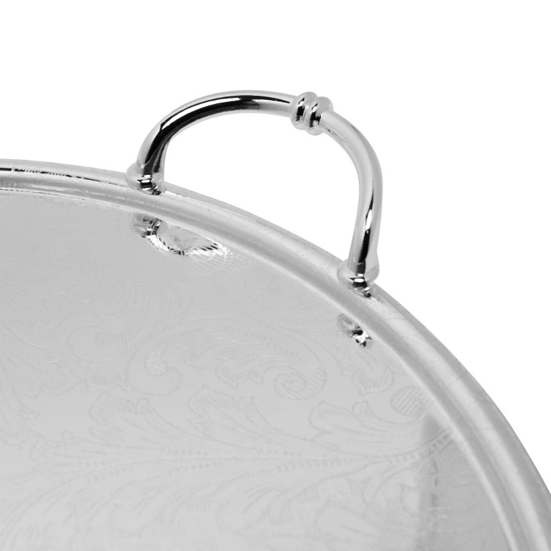 Soleter Large Iron Serving Tray Silver - Round Metal Tray with Dual Handles & Engraved Floral Pattern, Premium Home Decor for Entertaining, Weddings & Special Occasions - Image 4
