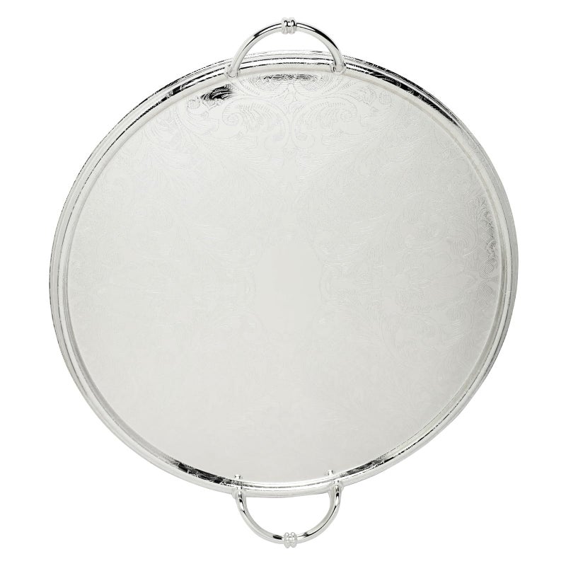 Soleter Large Iron Serving Tray Silver - Round Metal Tray with Dual Handles & Engraved Floral Pattern, Premium Home Decor for Entertaining, Weddings & Special Occasions - Image 1