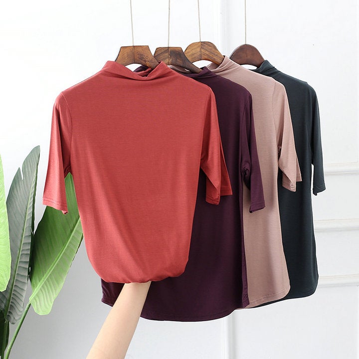 Arrival Half-High Collar Loose Slimming Modal Cotton T-Shirt Plus Size Solid Color Mid-Sleeve Base Shirt For Women - Image 1