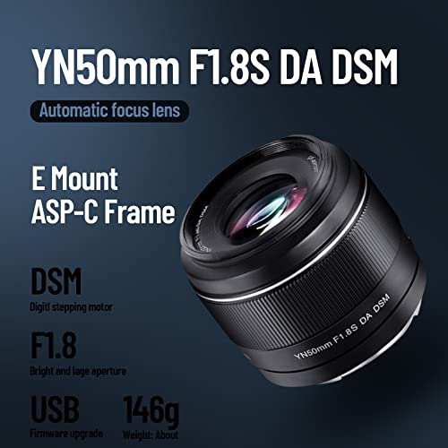 YONGNUO YN50mm F1.8S Lens, 50mm F1.8 Larege Aperture, APS-C Standard Prime E-Mount, Auto Manual Focus AF MF USB for Sony Cameras Black - Image 2