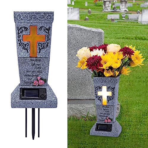 HUYIENO Solar Cemetery Grave Vase with LED for Fresh/Artificial Flowers Headstones Vases with Spikes Gravestone Decor Memorial Gifts for Loss of Loved One - Image 1