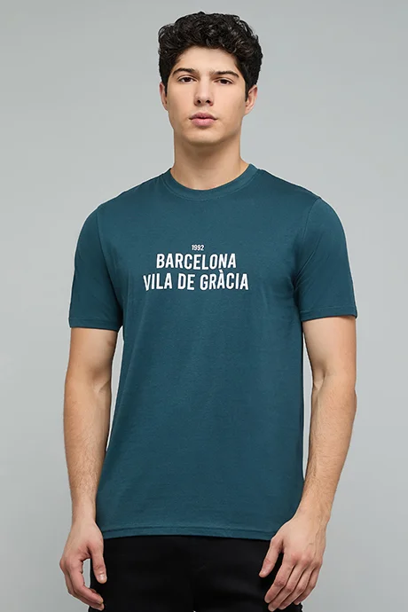 أر أند بي Typography Print T-Shirt with Crew Neck and Short Sleeves