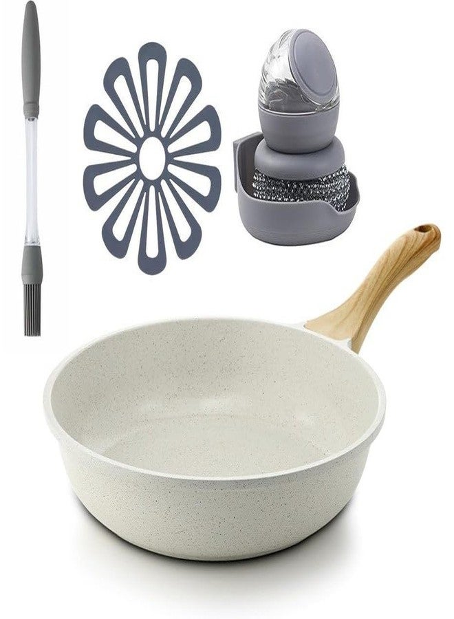 MILICRYSTAL Nonstick Ceramic Frying Pan Set – 11 Inch Skillet with Wooden Handle + Silicone Basting Brush + Pan Protector + Soap Dispensing Dish Scrubber - Image 1