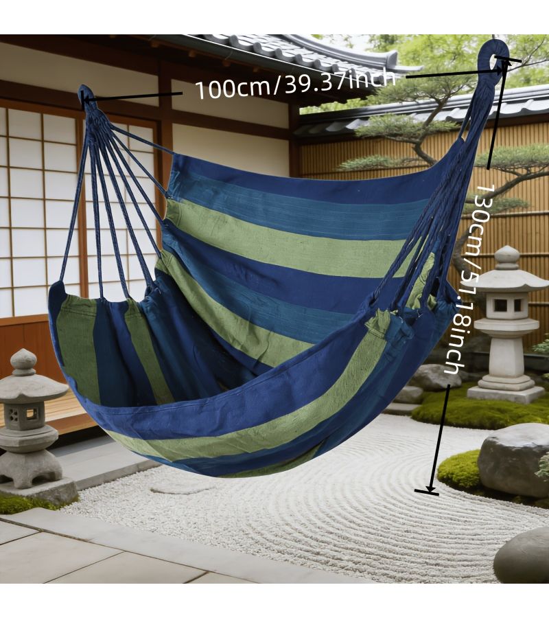 Large Blue And White Portable Canvas Hanging Chair Comfortable Patio Balcony Hammock Chair Easy Setup For Hiking Camping And Outdoor Activities - Image 3