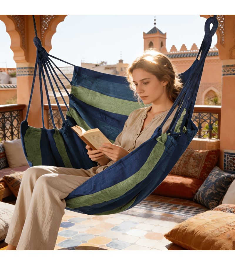 Large Blue And White Portable Canvas Hanging Chair Comfortable Patio Balcony Hammock Chair Easy Setup For Hiking Camping And Outdoor Activities - Image 1