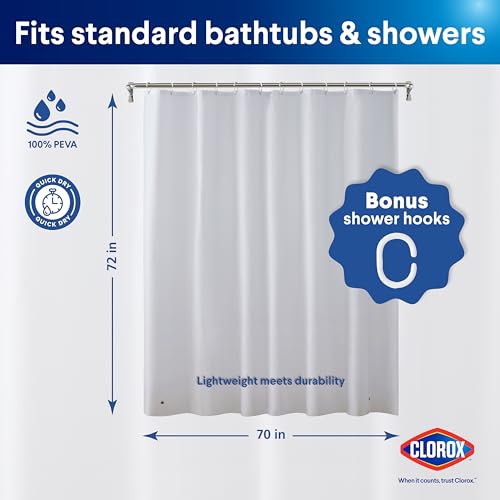 CLOROX Shower Curtain Liner & Hooks, Premium Lightweight Flexible Waterproof 4g PEVA for Bathroom with Weighted Magnets, Standard Size 70" x 72", Frosty 1 Pack - Image 2