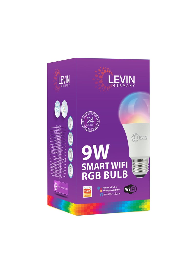 Levin Germany - Levin Germany 9W Smart WiFi RGB Bulb, TUYA WiFi Smart A60 E27 LED Bulb, 810LM, RGB Color Changing, Dimmable, Compatible with Alexa & Google Home - Smart Home Lighting- 2 Years Warrany - Image 1