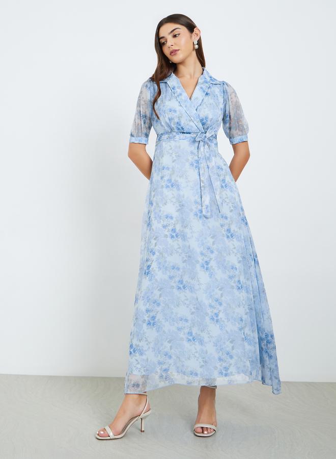 Styli Women Blue Floral Printed Puff Sleeve Maxi Dress - Image 3