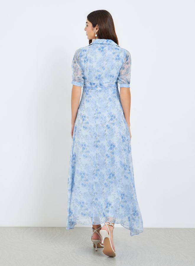 Styli Women Blue Floral Printed Puff Sleeve Maxi Dress - Image 5